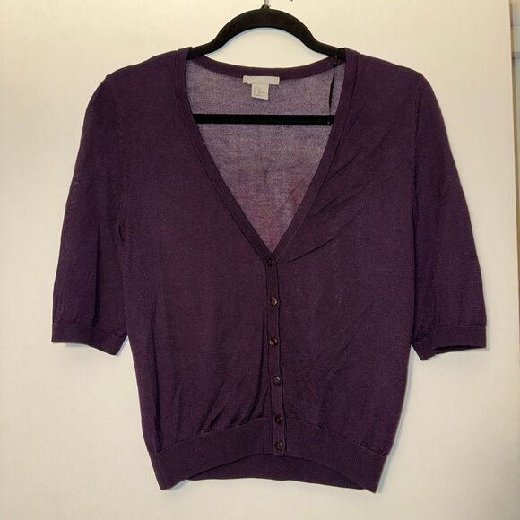 H&M Women’s Small Dark Plum Purple V Neck Elbow Length Sleeve Cardigan EUC - Picture 1 of 8